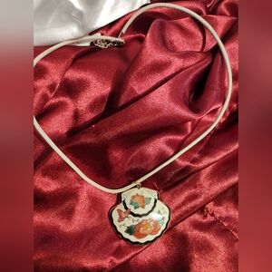 Vintage Cloisonne Cream Sea Shell Cream Pendant An Cream Leather Cord